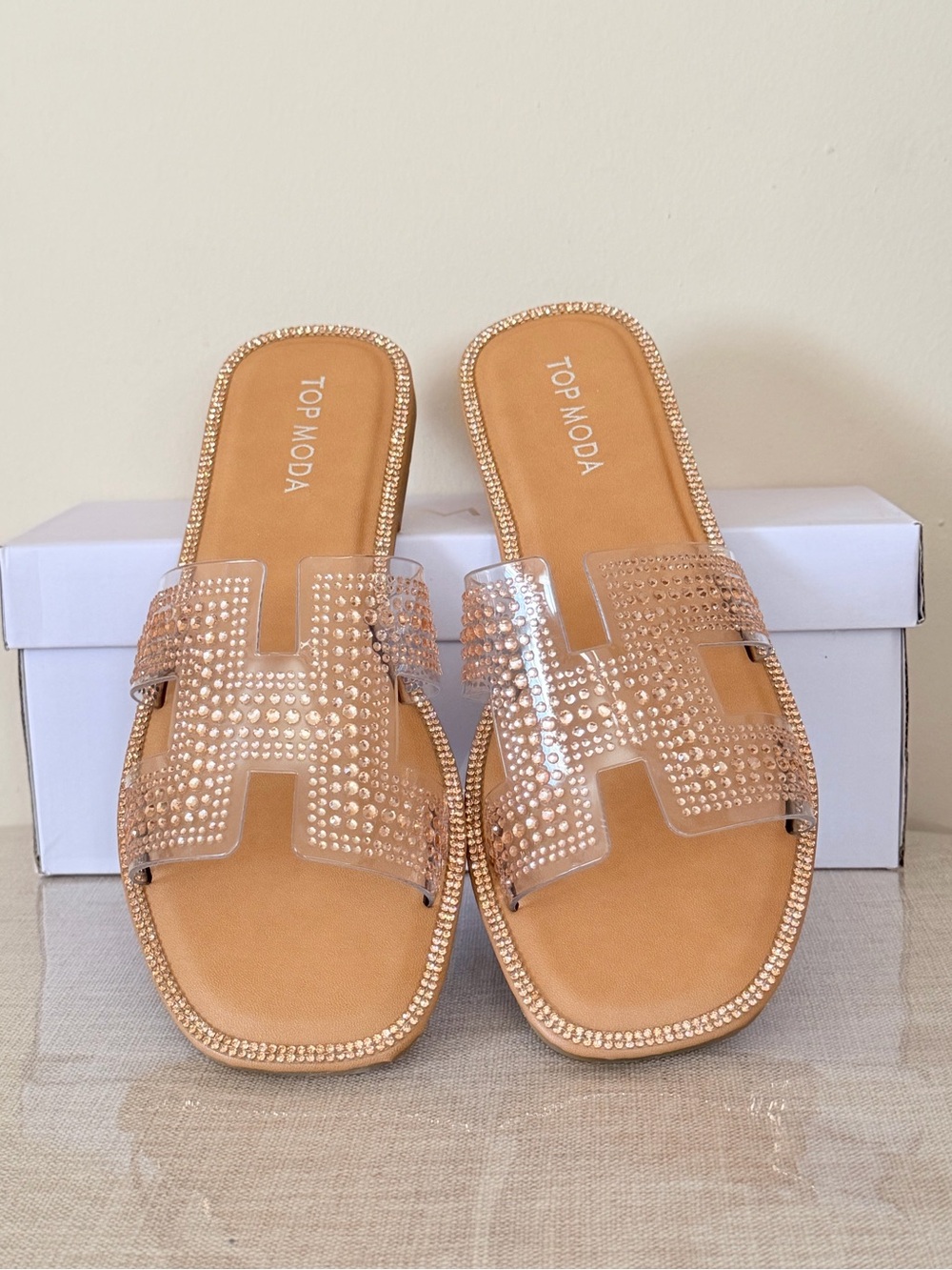 Top Moda Women’s Raven Slide Sandals Rose Gold Rhinestone